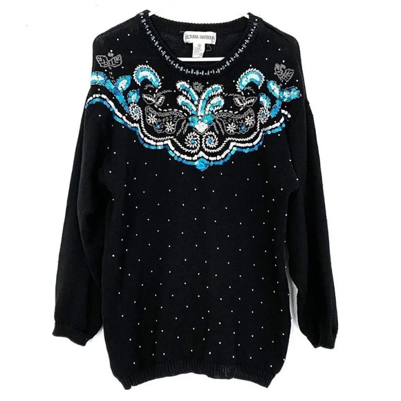 Vintage 80s Grannycore Embellished Pullover Sweater Black Beaded Womens Medium - Picture 1 of 10